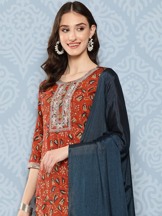 Yufta Ethnic Motifs Embroidered Regular Sequinned Kurta with Trousers & Dupatta