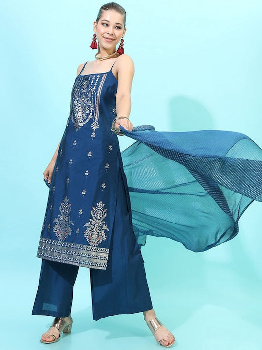Vishudh Women Teal Ethnic Motifs Printed Kurta with Palazzos & With Dupatta