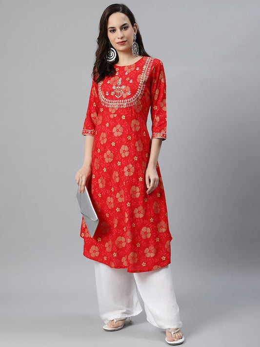 Anubhutee Women Red & Golden Ethnic Motifs Printed Thread Work Kurta