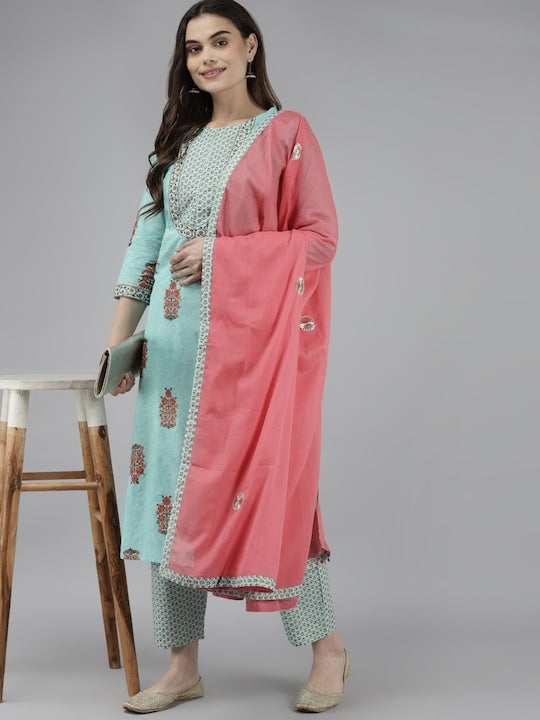 Yufta Women Blue & Orange Ethnic Motifs Printed Pure Cotton Kurta with Trousers & Dupatta