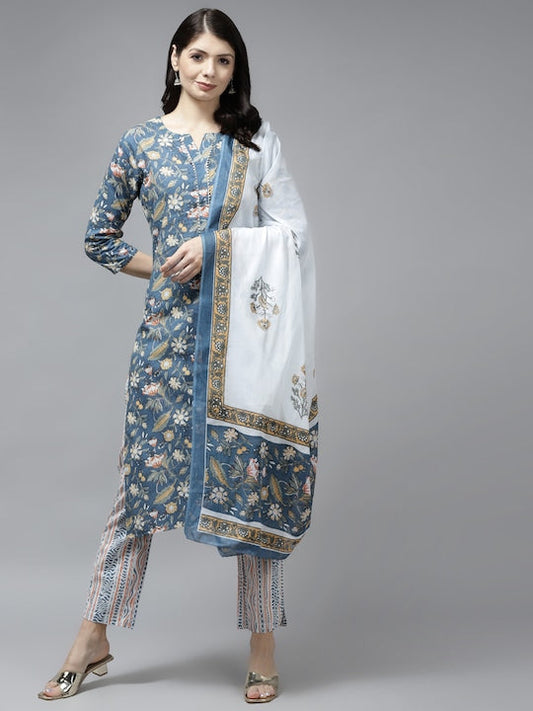 Yufta Women Navy Blue Ethnic Motifs Printed Gotta Patti Pure Cotton Kurta with Trousers & With Dupatta