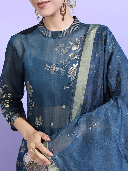 Vishudh Women Teal Ethnic Motifs Chanderi Cotton Kurta with Trousers & With Dupatta