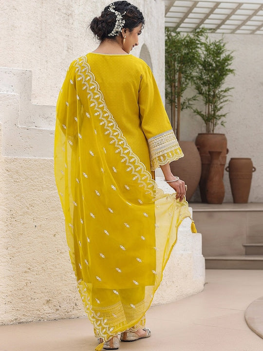 Vishudh Floral Embroidered Regular Thread Work Pure Cotton Kurta with Trousers & Dupatta