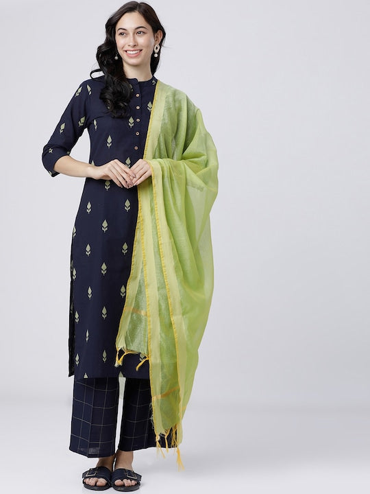Vishudh Women Navy Blue & Green Printed Kurta with Trousers & Dupatta - M