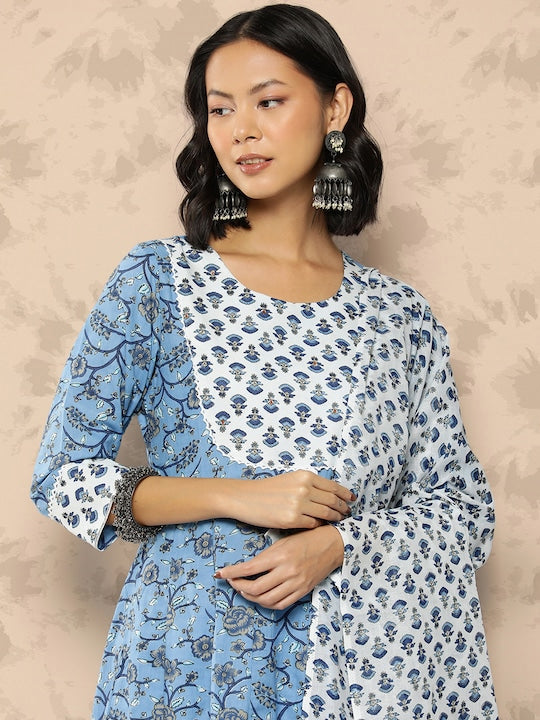 Yufta Floral Printed Regular Pure Cotton Kurta With Trousers & Dupatta