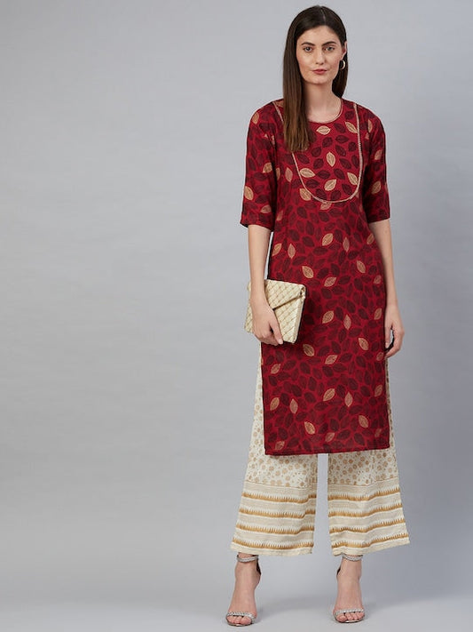 Anubhutee Women Maroon & White Floral Printed Thread Work Kurta with Palazzos
