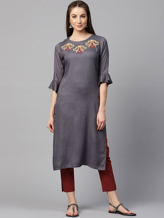 Yufta Women Grey Kurti with Trousers
