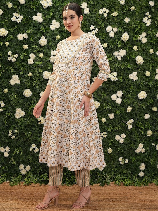 Vishudh Women Floral Printed Empire Pure Cotton Kurta with Trousers & With Dupatta