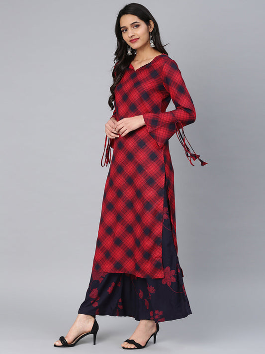 Vishudh Women Red & Navy Blue Checked Kurta with Palazzos - S