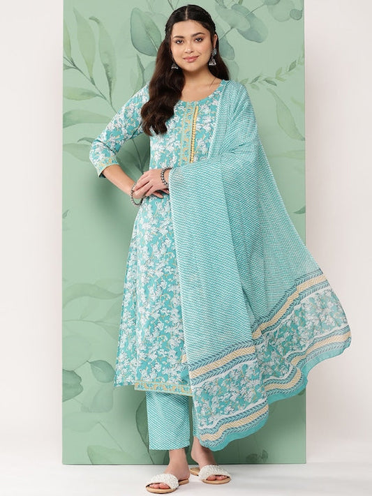 Yufta Women Blue Floral Printed Pure Cotton Kurta with Trousers & With Dupatta