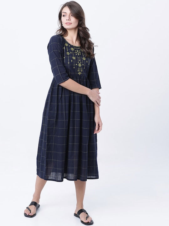 Vishudh Women Navy Blue Checked Empire Dress