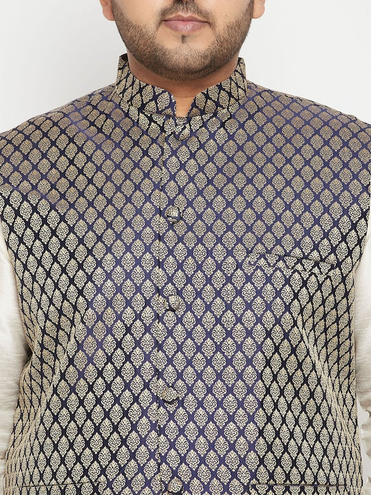 Vastramay Men Cream-Colored & Blue Woven Designed Kurta with Churidar & Jacket