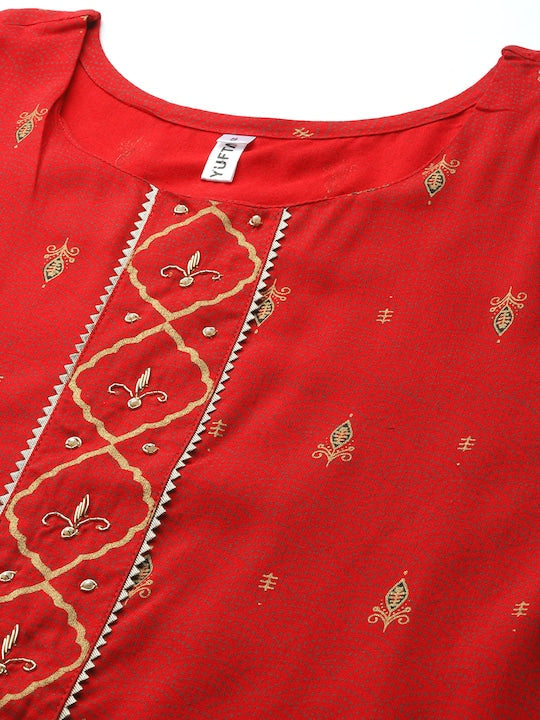 Yufta Women Red Ethnic Motifs Printed Kurta with Trousers