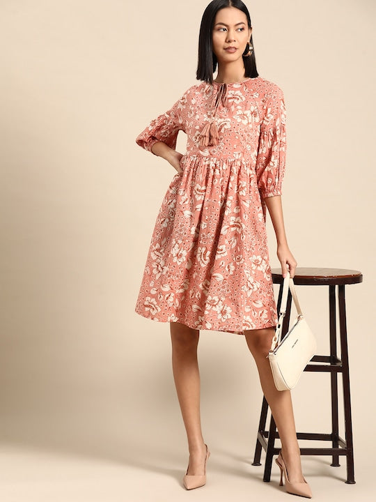 All about you Pure Cotton Floral Print Tie-Up Neck Puff Sleeve A-Line Dress