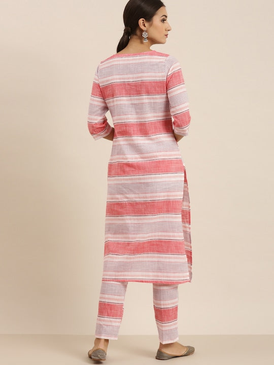 Vishudh Women Cream and Pink Striped Pure Cotton Kurta with Trousers