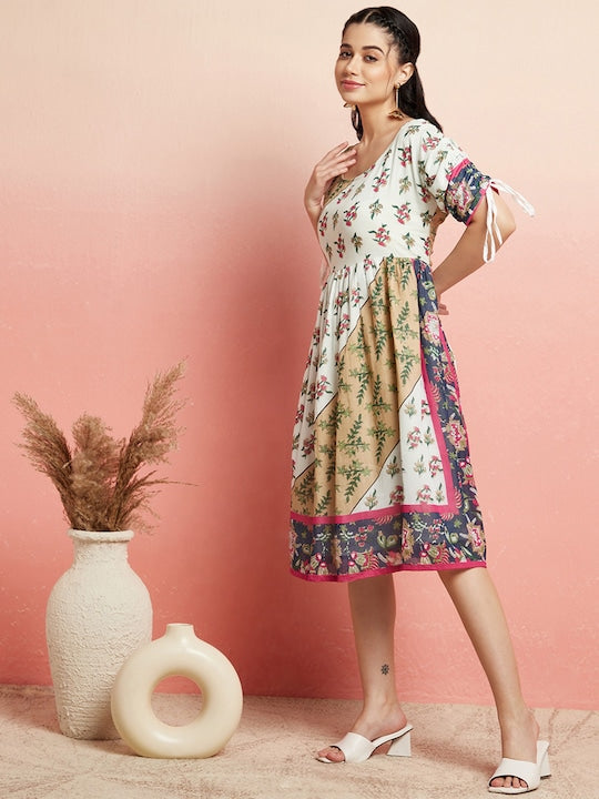 AKS White Ethnic Motifs Printed Gathered Cotton A-Line Dress