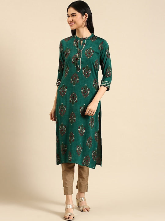 All about you Green Floral Printed Keyhole Neck Gotta Patti Cotton Straight Kurta