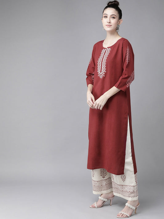 Yufta Women Maroon & Off-White Yoke Design Pure Cotton Kurta with Palazzos & With Dupatta