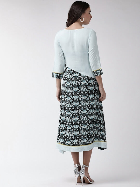 All about you Blue & Black Printed A-Line Midi Dress