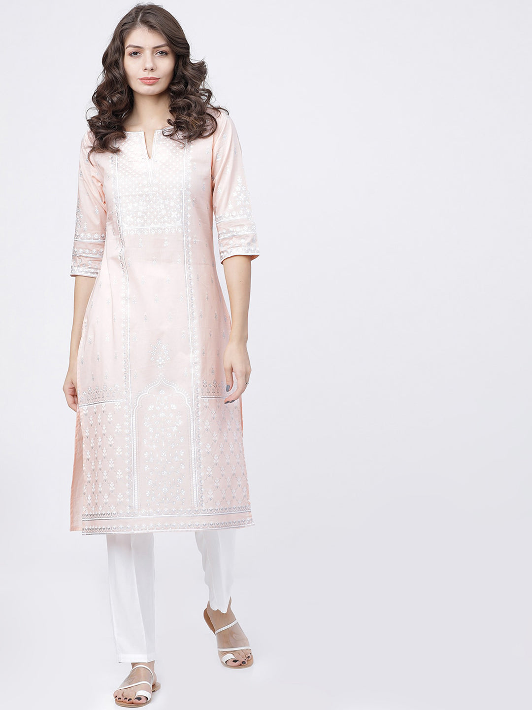 Vishudh Women Beige & Silver-Toned Ethnic Motifs Printed Straight Kurta