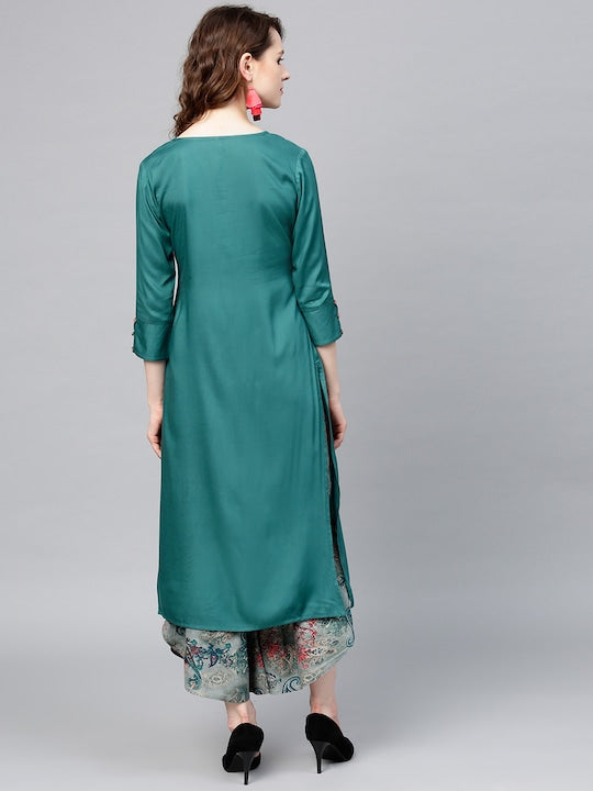 Yufta Women Teal Blue & Grey Solid Kurta with Sharara