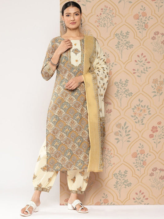 Yufta Women Ethnic Motifs Printed Sequinned Cotton Kurta with Harem Pants & Dupatta
