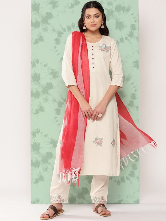 Yufta Ethnic Motifs Embroidered Thread Work Kurta with Trousers & With Dupatta - XXL