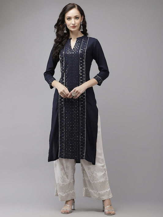 Yufta Women Navy Blue Regular Sequinned Kurta with Palazzos