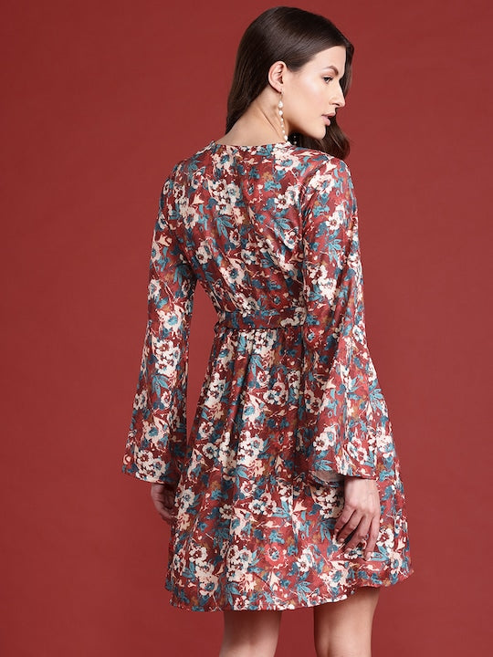 All about you Floral Printed Puff Sleeves Wrap Dress