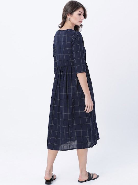 Vishudh Women Navy Blue Checked Empire Dress