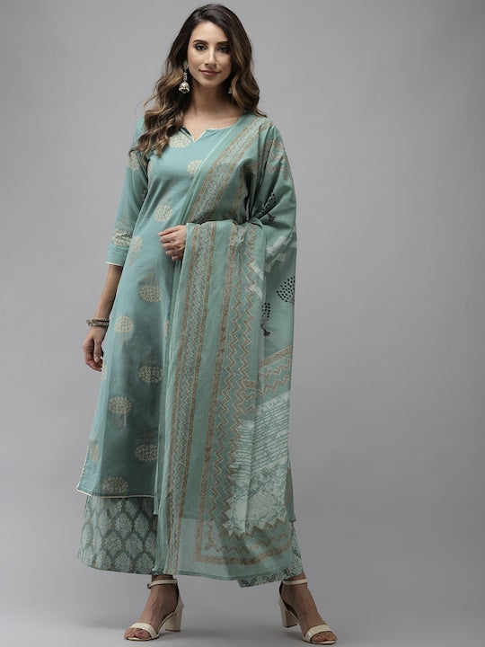 Yufta Women Blue Ethnic Motifs Printed Regular Pure Cotton Kurta with Trousers & With Dupatta