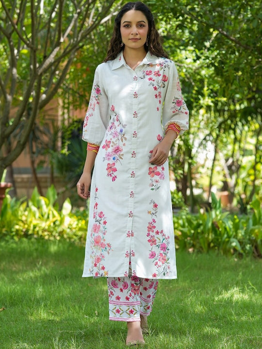 Yufta Floral Printed Pure Cotton Kurta With Trousers