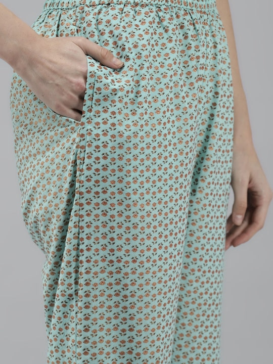 Yufta Women Blue & Orange Ethnic Motifs Printed Pure Cotton Kurta with Trousers & Dupatta