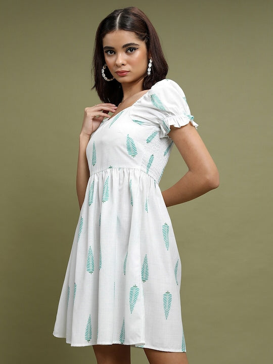 Vishudh White Conversational Printed Puff Sleeve Fit & Flare Dress