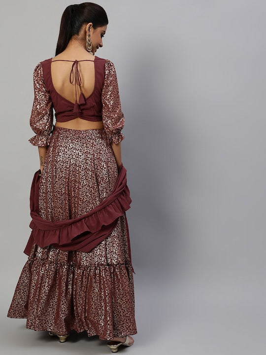 AKS Couture Burgundy & Gold-Toned Printed Ready to Wear Lehenga & Blouse With Dupatta