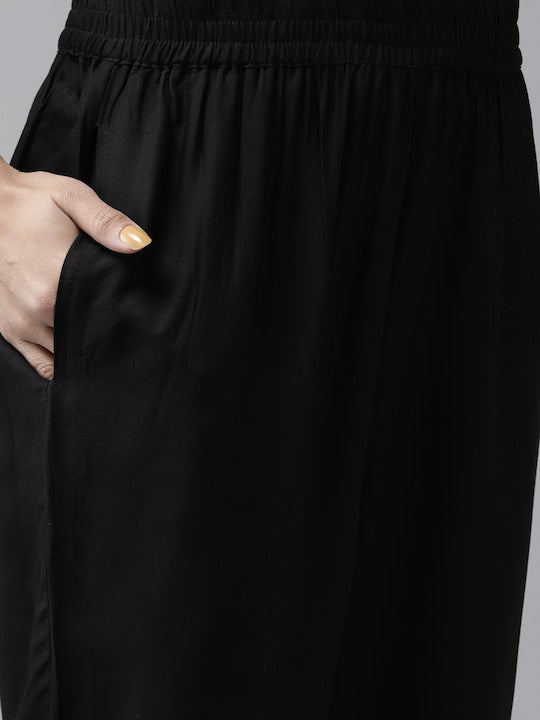 Yufta Women Black & Beige Yoke Design Kurta with Trousers & Dupatta