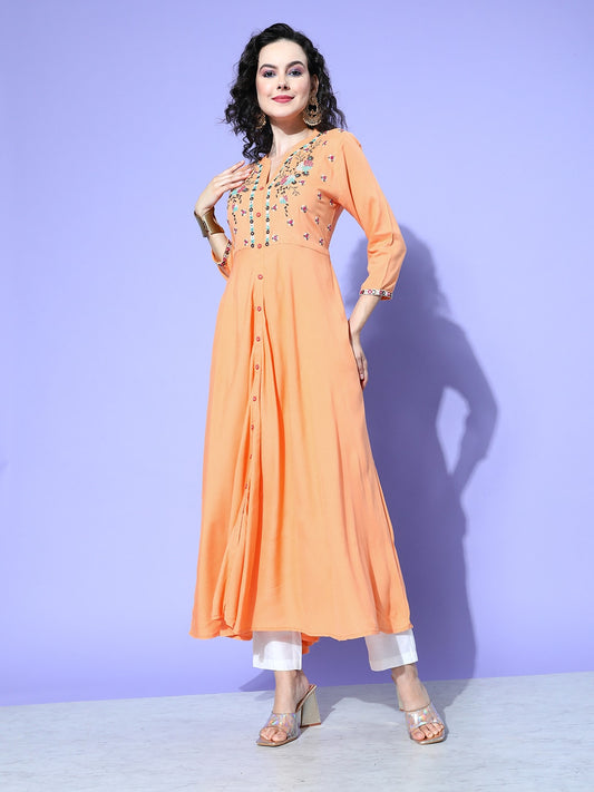 All about you Women Floral Embroidered Mirror Work Anarkali Kurta