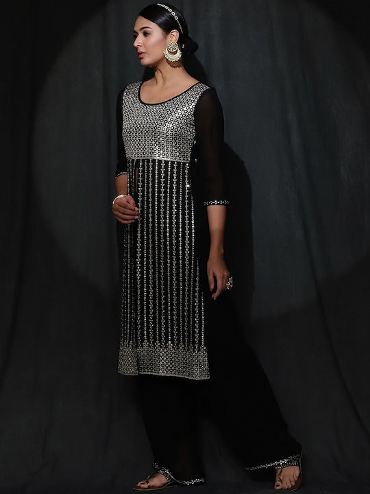 AKS Couture Ethnic Motifs Embroidered Sequinned High Slit Straight Kurta With Palazzos