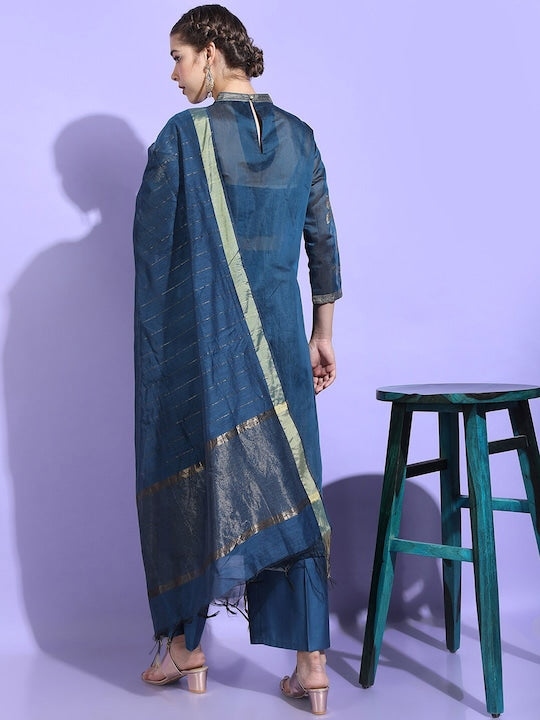 Vishudh Women Teal Ethnic Motifs Chanderi Cotton Kurta with Trousers & With Dupatta