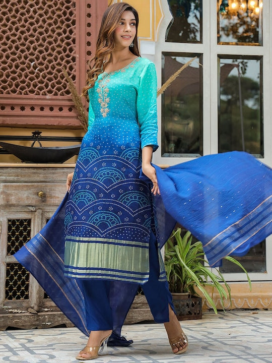 Vishudh Bandhani Printed Regular Thread Work Kurta with Trousers & Dupatta