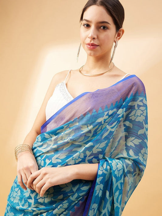 All about you Blue & Purple Woven Design Floral Printed Chanderi Saree