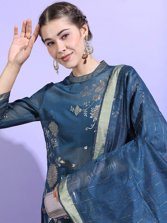 Vishudh Women Teal Ethnic Motifs Chanderi Cotton Kurta with Trousers & With Dupatta