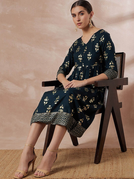 All about you Green Ethnic Motifs Printed A-Line Midi Dress