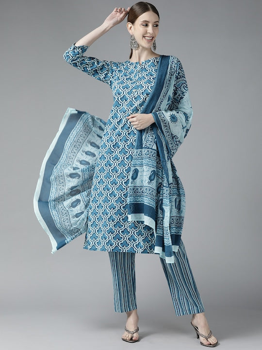 Yufta Women Blue Ethnic Motifs Printed Pure Cotton Kurta with Trousers & With Dupatta - L