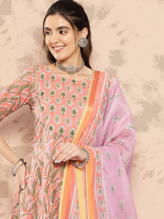 Yufta Ethnic Motifs Printed Regular Pure Cotton Kurta With Palazzos & Dupatta