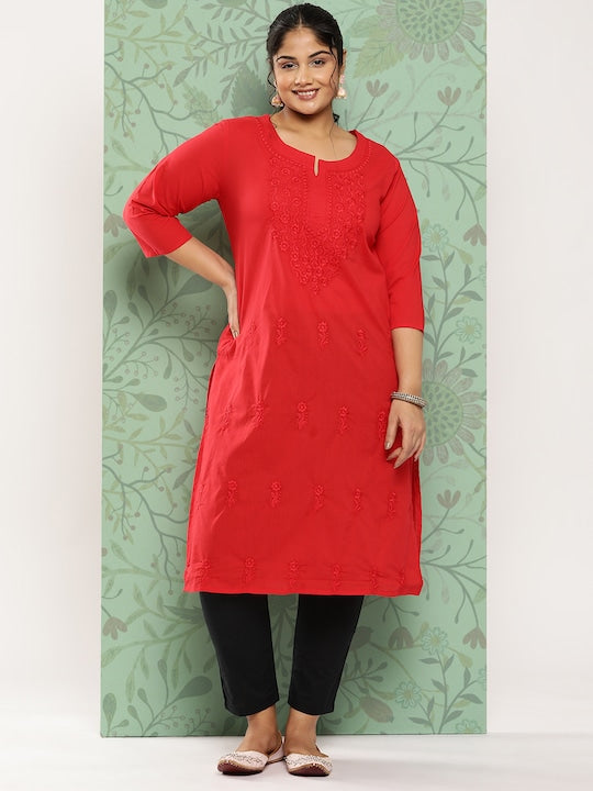 Yufta Women Plus Size Floral Embroidered Straight Kurta Red