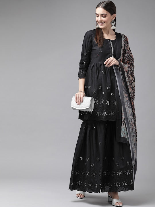 Yufta Women Black Empire Mirror Work Pure Cotton Kurti with Sharara & With Dupatta