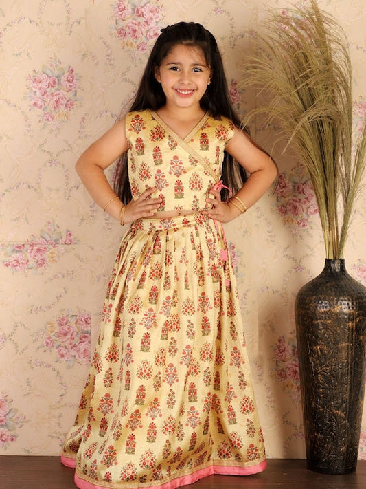 Vastramay Girls Yellow & Pink Printed Angrakha Style Ready to Wear Lehenga Set