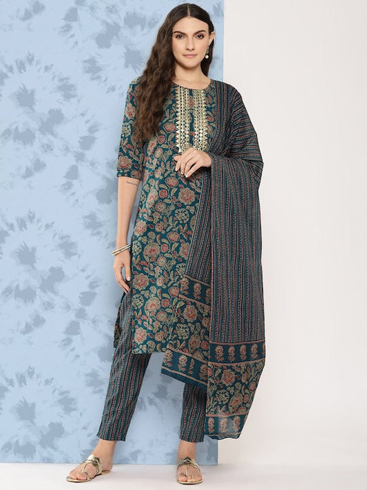 Yufta Women Ethnic Motifs Printed Mirror Work Pure Cotton Kurta with Trousers & Dupatta