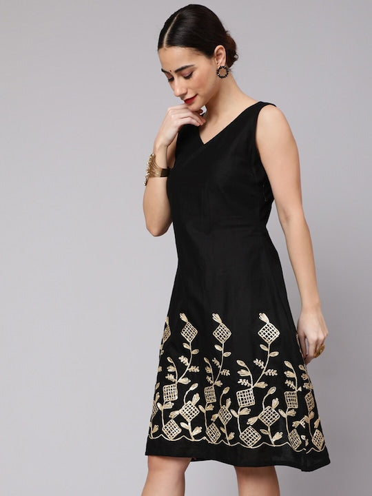 AKS Floral Embroidered V-Neck Knee Length Cotton A-Line Dress